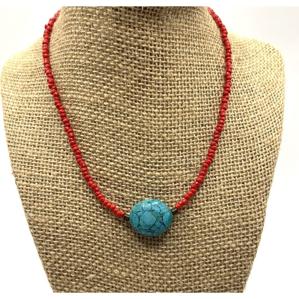Turquoise & Red Seed Bead Southwestern Necklace By Two's Company 15"L